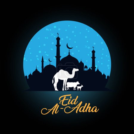 Eid Al Adha Mubarak Greeting Islamic Illustration Background editable Vector creative unique Design With Camel cow Goat and mosque at night for the