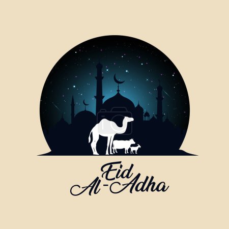 Eid Al Adha Mubarak Greeting Islamic Illustration Background editable Vector creative unique Design With Camel cow Goat and mosque at night for the