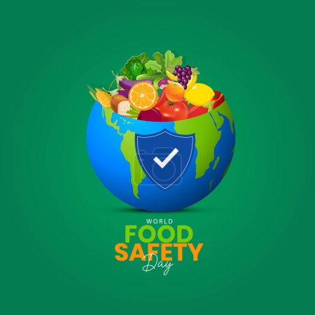 Welttag der Lebensmittelsicherheit kreatives einzigartiges Design Social Media Banner Poster am 7. Juni Cholesterin-Diät und gesunde Ernährung mit sauberem Obst und Gemüse in Herzschale von Ernährungswissenschaftler, essbar