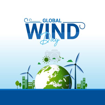 Global Wind Day green natural creative ad design. earth globe and wind, ESG and Clean Energy Concept, Concept of sustainable ecological future and alternative energy of an eco friendly planet.