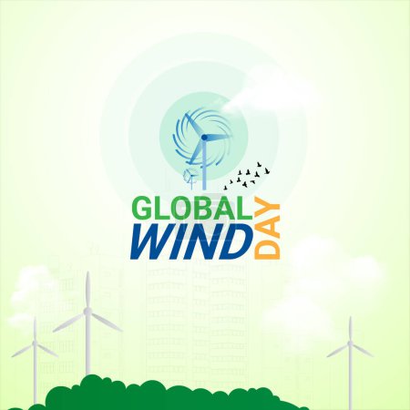 Global Wind Day grüne natürliche kreative Anzeigengestaltung. Erdkugel und Wind, ESG und Clean Energy Concept, Konzept einer nachhaltigen ökologischen Zukunft und alternativer Energie eines umweltfreundlichen Planeten.