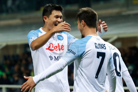 Photo for Eljif Elmas of Napoli celebrates after scores their second gol  during  italian soccer Serie A match Atalanta BC vs SSC Napoli at the Gewiss Stadium in Bergamo, Italy, November 05, 2022 - Credit: AGN Fot - Royalty Free Image