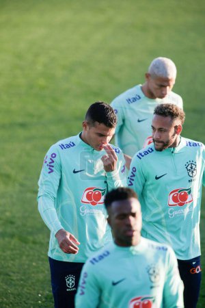 Photo for Thiago Silva of Brazil and Neymar Jr of Brazil during Brazil National football team traning, before the finale stage of the World Cup 2022 in Qatar, at Juventus Training Center, 16 November 2022, Turin, Italy. Photo Nderim Kaceli - Credit: Nderim Kac - Royalty Free Image