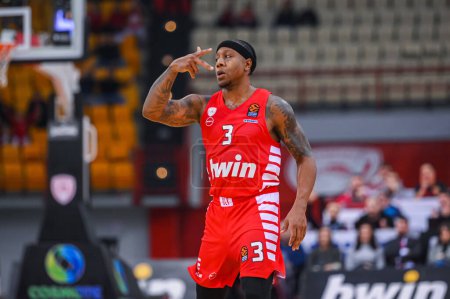 Photo for #3 ISAIAH CANAAN of Olympiacos Piraeus during the Euroleague, Round 12, match between Olympiacos Piraeus and Virtus Segafredo Bologna at Peace And Friendship Stadium on December 9, 2022 in Athens, Greece. - Credit: Stefanos Kyriazis/LiveMedi - Royalty Free Image