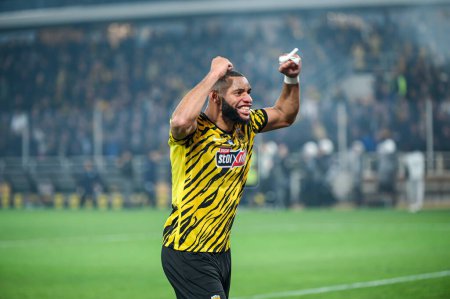 Photo for 2 HAROLD MOUKOUDI of Aek FC celebrating the victory during the Greek Super League, Matchday 17, match between Aek FC and Panathinaikos FC at Opap Arena Stadium on January 8, 2023 in Athens, Greece. - Credit: Stefanos Kyriazis/LiveMedi - Royalty Free Image