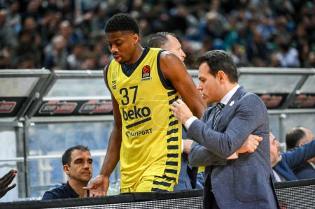 Photo for Head coach DIMITRIS ITOUDIS with 37 KOSTAS ANTETOKOUNMPO of Fenerbahce Beko Istanbul during the Euroleague, Round 18, match between Panathinaikos BC and Fenerbahce Beko Istanbul at Oaka Altion on January 10, 2023 in Athens, Greece. - Credit: Stefanos - Royalty Free Image