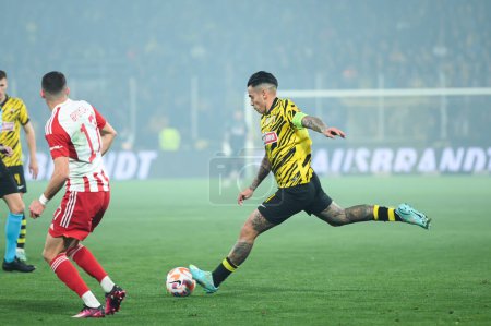 Photo for 11 SERGIO ARAUJO of AEK FC during the Greek Super League, Matchday 26, match between AEK FC and Olympiacos FC at OPAP Arena on March 12, 2023, in Athens, Greece. - Credit: Stefanos Kyriazis/LiveMedi - Royalty Free Image
