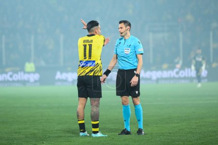 Photo for 11 SERGIO ARAUJO of AEK FC disagree with referee decision during the Greek Super League, Matchday 26, match between AEK FC and Olympiacos FC at OPAP Arena on March 12, 2023, in Athens, Greece. - Credit: Stefanos Kyriazis/LiveMedi - Royalty Free Image