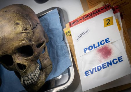 Photo for Human blood-stained bandage in evidence bag next to skull of middle-aged man in crime lab, DNA determination, conceptual image - Royalty Free Image