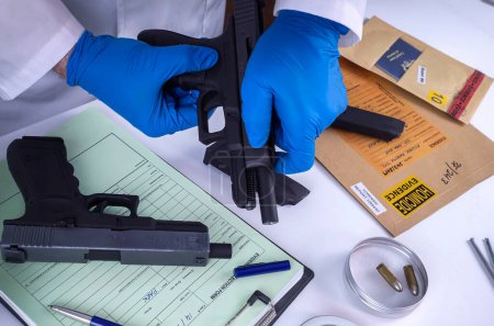 Criminal police officer disassembles gun to investigate homicide in crime lab, concept image