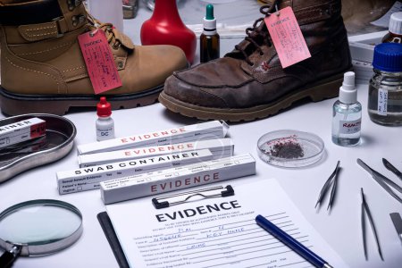 Téléchargez les photos : Échantillons de traces de particules de chaussures dans un laboratoire criminel, enquête sur un homicide, image concept - en image libre de droit