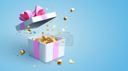 Illustration for Open present box with golden confetti. Vector illustration - Royalty Free Image