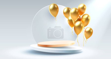 Illustration for Balloon golden podium present, celebrate happy birthday, gold platform banner. Vector illustration - Royalty Free Image