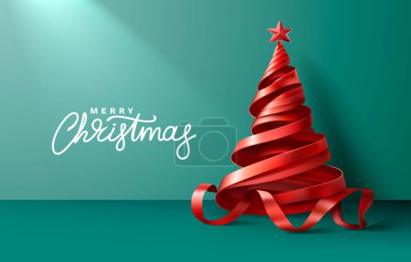 Ilustración de Cinta roja Feliz árbol de Navidad, decoración de arte. Ilustración vectorial - Imagen libre de derechos
