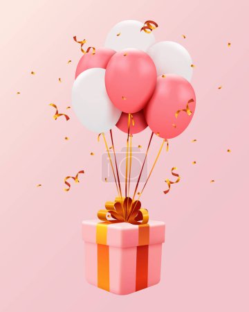 Ilustración de Burla de caja de regalo y globos sobre fondo rosa. Concepto de Navidad. Ilustración vectorial - Imagen libre de derechos