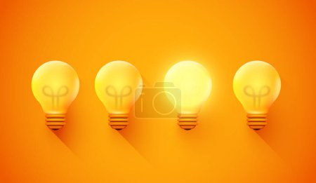 Illustration for Glowing Light Bulb between the others on yellow light background. Leadership, innovation, great idea and individuality concepts. Vector illustration - Royalty Free Image