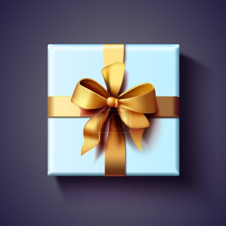 Illustration for Present box top with golden bow and ribbons. View from above. Vector illustration - Royalty Free Image