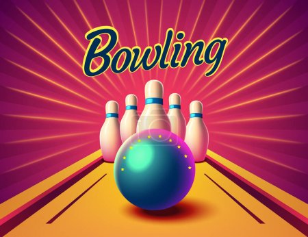 Téléchargez les illustrations : Affiche de club de partie de bowling avec le fond lumineux. Illustration vectorielle - en licence libre de droit