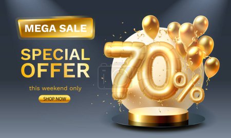 Illustration for Special offer Sale 70 ballon, mega sale golden podium, black background. Vector illustration - Royalty Free Image