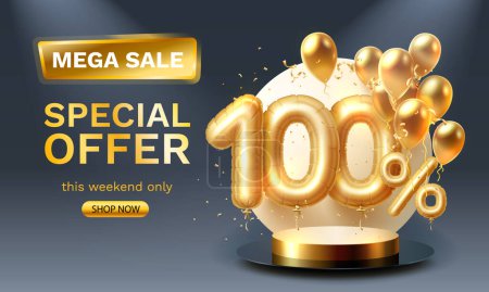 Ilustración de Oferta especial Venta 100 ballon, mega venta podio dorado, fondo negro. Ilustración vectorial - Imagen libre de derechos