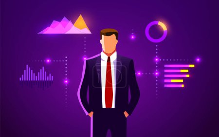 Illustration for Businessman standing as a leader. Infographics and data analyze background. Vector illustration - Royalty Free Image
