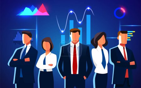 Illustration for Business people standing together as a team. Infographics and data analyze background. Vector illustration - Royalty Free Image