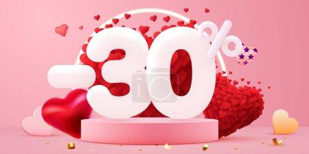 Illustration for 30 percent Off. Discount creative composition. 3d sale symbol with decorative objects. Valentines day promo. Sale banner and poster. Vector illustration. - Royalty Free Image