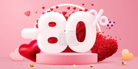 Illustration for 80 percent Off. Discount creative composition. 3d sale symbol with decorative objects. Valentines day promo. Sale banner and poster. Vector illustration. - Royalty Free Image