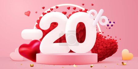 Illustration for 20 percent Off. Discount creative composition. 3d sale symbol with decorative objects. Valentines day promo. Sale banner and poster. Vector illustration. - Royalty Free Image
