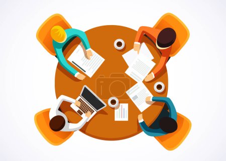 Illustration for Team works together around a round table. Teamwork, brainstorming, startup. Flat vector illustration. - Royalty Free Image