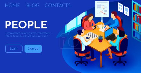 Illustration for Teamwork website banner template. Business team working with data. Group of office colleagues discussing data around table. Isometric vector illustration - Royalty Free Image
