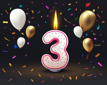 Ilustración de Feliz cumpleaños años aniversario de la persona cumpleaños, Vela en forma de números tres del año. Ilustración vectorial - Imagen libre de derechos