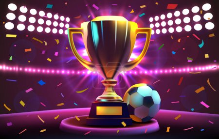 Téléchargez les illustrations : Golden cup of the winner on the football field. Vector illustration - en licence libre de droit