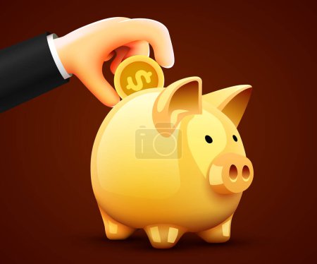 Illustration for Hand puts coin in a piggy bank. Symbol of profit and growth. Investment and savings. Vector illustration - Royalty Free Image