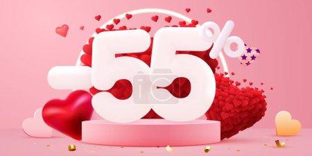 Illustration for 55 percent Off. Discount creative composition. 3d sale symbol with decorative objects. Valentines day promo. Sale banner and poster. Vector illustration. - Royalty Free Image