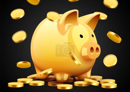 Gold coins fly around the piggy bank. Symbol of profit and growth. Investment and savings. Vector illustration