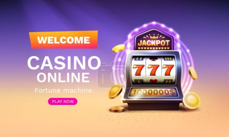 Illustration for Casino slots machine winner, jackpot fortune of luck, 777 win banner. Vector illustration - Royalty Free Image
