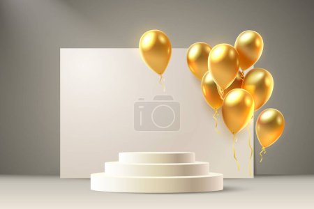 Photo for Balloon golden podium present, celebrate happy birthday, gold platform banner. Vector illustration - Royalty Free Image
