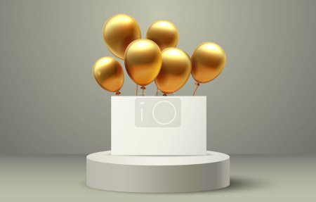 Illustration for Balloon golden podium present, celebrate happy birthday, gold platform banner. Vector illustration - Royalty Free Image
