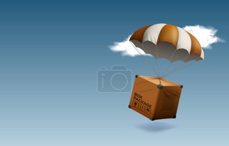 Ilustración de Paquete en una caja en paracaídas, entrega por aire. Ilustración vectorial - Imagen libre de derechos
