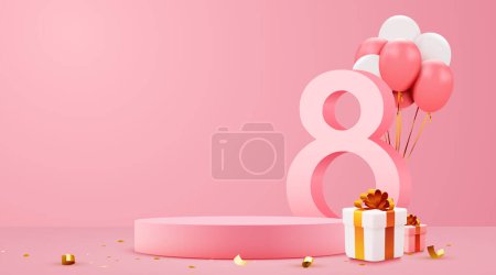Téléchargez les illustrations : Womens day banner for product demonstration. Pink pedestal or podium with number 8 with balloons on pink background. Vector illustration - en licence libre de droit