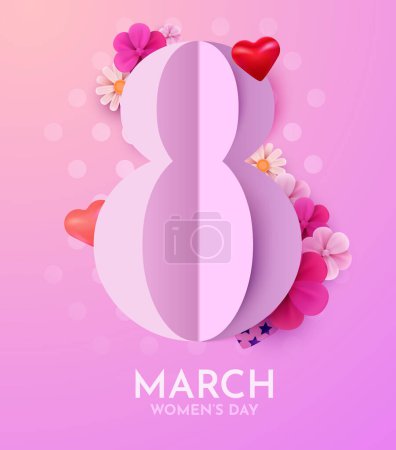 Téléchargez les illustrations : International Womens Day Banner. Flyer for March 8 with flowers decor. Number 8. Invitation in paper cut style with flowers. Vector illustration - en licence libre de droit