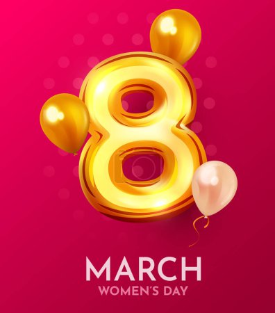Téléchargez les illustrations : International Womens Day Banner. Flyer for March 8 with golden balloons. Vector illustration - en licence libre de droit