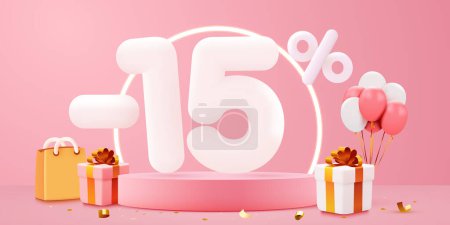 Illustration for 15 percent Off. Discount creative composition. Sale symbol with decorative objects, balloons, golden confetti, podium and gift box. Sale banner and poster. Vector illustration. - Royalty Free Image