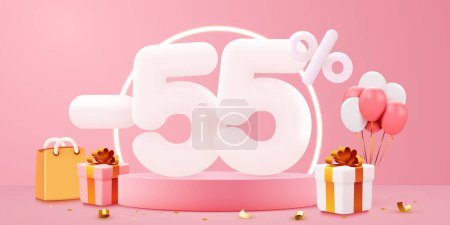 Illustration for 55 percent Off. Discount creative composition. Sale symbol with decorative objects, balloons, golden confetti, podium and gift box. Sale banner and poster. Vector illustration. - Royalty Free Image