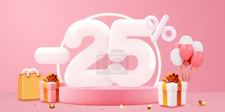 Illustration for 25 percent Off. Discount creative composition. Sale symbol with decorative objects, balloons, golden confetti, podium and gift box. Sale banner and poster. Vector illustration. - Royalty Free Image