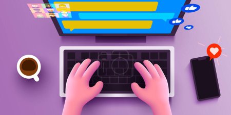 Ilustración de Cute 3d Human hands chatting on a computer keyboard. Social network and marketing concept. View from above. Vector illustration - Imagen libre de derechos