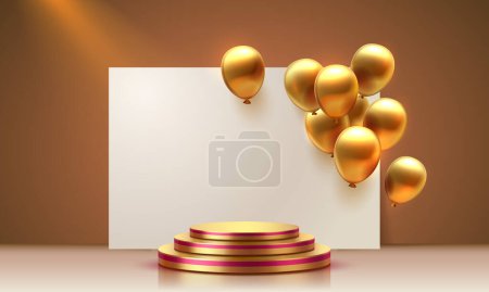 Téléchargez les illustrations : Ballon d'or podium cadeau, célébrer joyeux anniversaire, bannière plate-forme d'or. Illustration vectorielle - en licence libre de droit