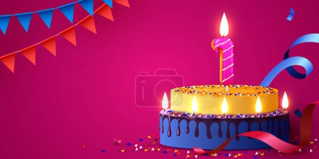 Téléchargez les illustrations : 1 an anniversaire. Gâteau aux bougies brûlantes et confettis. Bannière d'anniversaire. Illustration vectorielle - en licence libre de droit