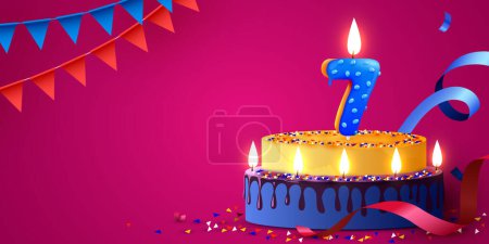 Téléchargez les illustrations : 7 year anniversary. Cake with burning candles and confetti. Birthday banner. Vector illustration - en licence libre de droit